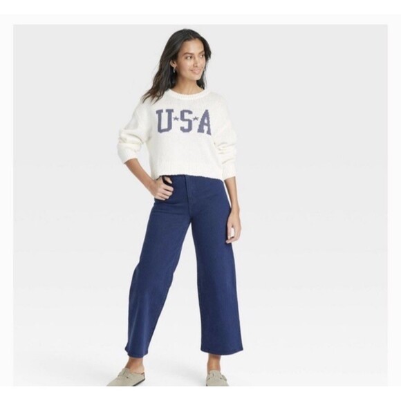 Grayson Threads Cream USA Graphic Knit Cropped Sweater Medium Cotton Blend NEW!! - Picture 2 of 3